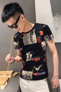 白色 2020精神小伙修身男士印花短袖T恤社会tee T234-P38控58图片