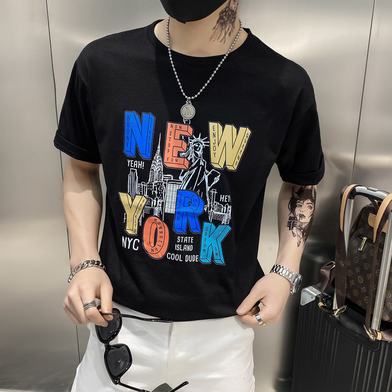 黑色2021店主风精神小伙修身男式印花短袖T恤社会t T053-P45控69图片