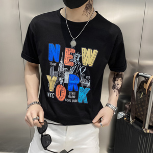 黑色2021店主风精神小伙修身男式印花短袖T恤社会t T053-P45控69图片