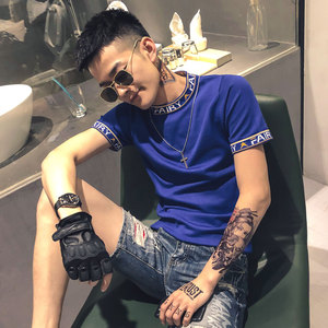 蓝色2020精神小伙修身男式针织短袖T恤 社会tee T156-P50控68图片