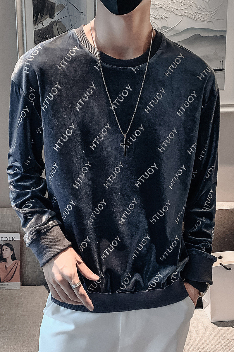 蓝色2023秋装社会小伙修身印花圆领卫衣男潮W6006-P48控价68,男装卫衣,电商A108