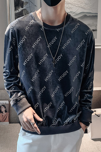 蓝色2023秋装社会小伙修身印花圆领卫衣男潮W6006-P48控价68,西裤搭配蓝色皮鞋图片
