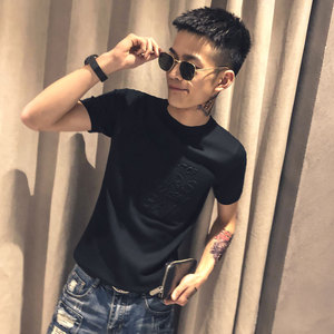 黑色 2020精神小伙修身男式针织短袖T恤社会tee T158-P58控78图片