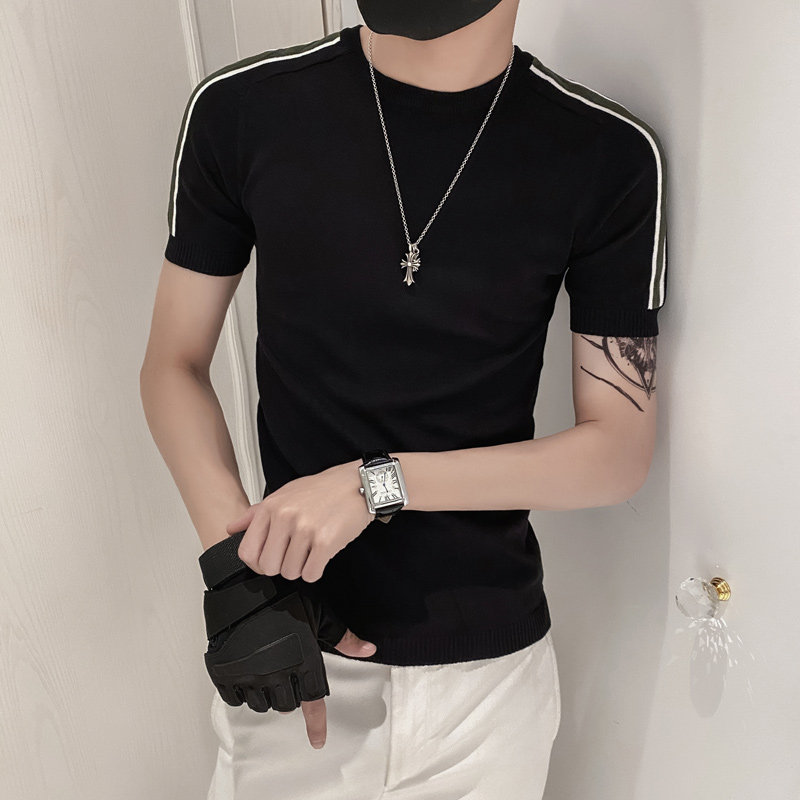 黑色2021精神小伙修身男式针织短袖T恤 社会tee T155-P50控68图片