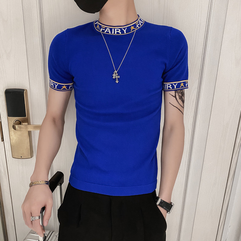 蓝色2021精神小伙修身男式针织短袖T恤 社会tee T156-P50控68图片
