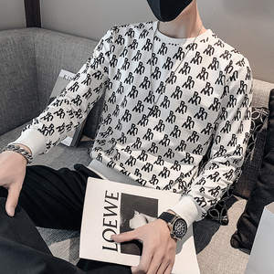 白色2023秋装社会小伙修身印花圆领卫衣男潮W057-P48控价68