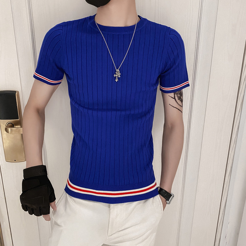 蓝色2021精神小伙修身男式针织短袖T恤社会tee T215-P48控68图片