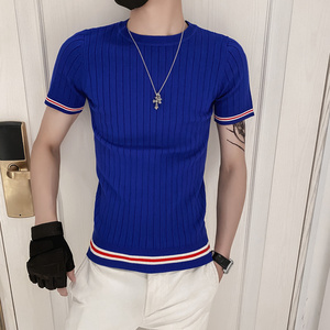 蓝色2021精神小伙修身男式针织短袖T恤社会tee T215-P48控68图片