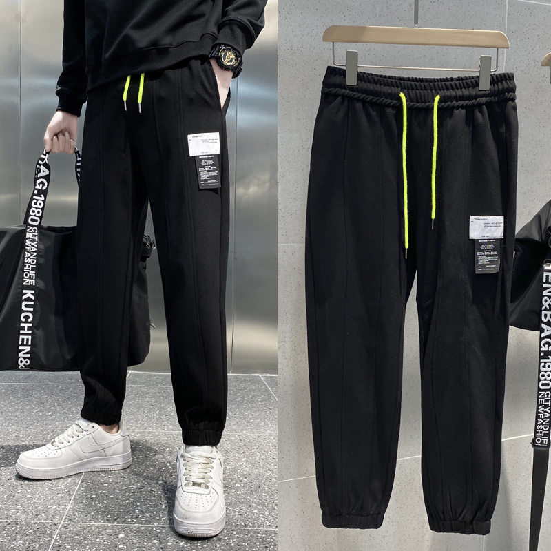 黑色2023春夏装精神小伙九分裤男青年束脚运动裤潮K109-P55控79，男装休闲裤，电商A108