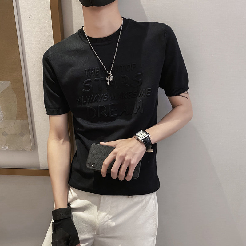 黑色2021精神小伙修身男式针织短袖T恤 社会tee T158-P58控78图片