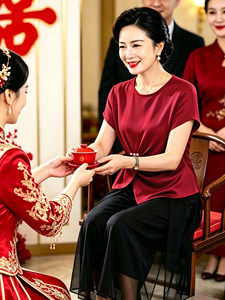 结婚礼服妈妈夏季裙裤套装2026喜婆婆婚宴端庄红色上衣服平时可穿