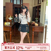 显瘦上衣学院风半身裙套装 织物猪 女短款 海军领格纹衬衫 榛果信笺