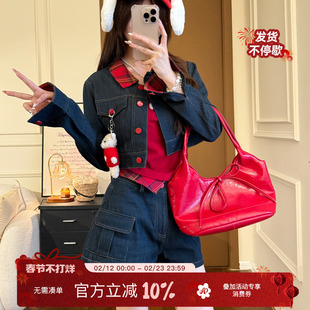 织物猪 甜莓牛仔 蓝色短款外套上衣红色吊带套装女秋高腰显瘦短裤