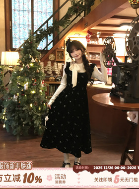 织物猪 月光晚宴 甜美千金风假两件丝绒连衣裙女冬季烫钻黑色长裙