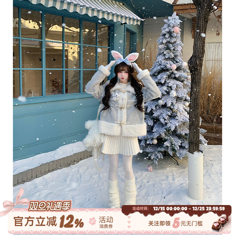 复古甜美风蓝色麂皮短外套女冬季