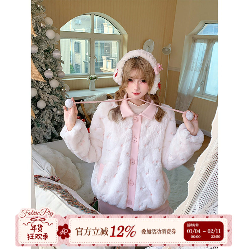 织物猪 绒绒桃汁 甜美风奶白翻领毛外套女冬可爱软糯短款夹棉棉衣,女装/女士精品,短外套,淘宝优惠券,粉丝福利购,淘宝优惠卷