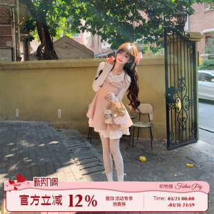 织物猪 甜美风粉色连衣裙女早春生日公主裙收腰短裙子 心动女神