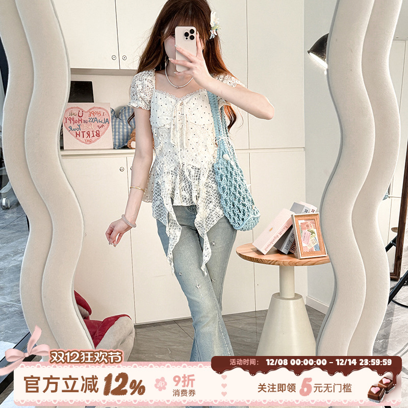 甜美风泡泡袖提花网纱上衣