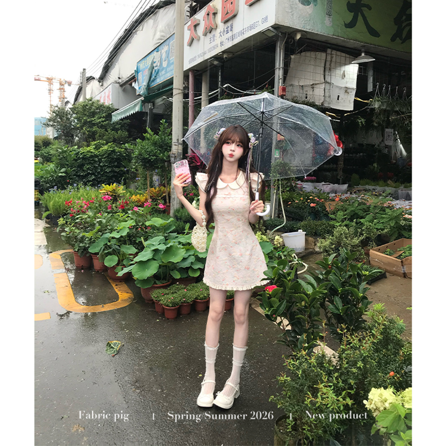 织物猪 樱花奶冻 甜美风娃娃领碎花连衣裙女夏绝美刺绣短裙a字裙 - 实物图
