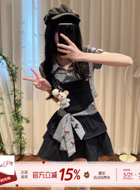织物猪 森林小玛 少女感黑色牛仔连衣裙女夏小个子可爱减龄背带裙