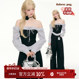 织物猪 心跳频率 纯欲高智感撞色一字肩条纹T恤女春露肩长袖上衣