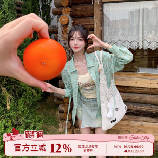 女夏季 绿色格纹衬衫 曼波清新感宽松百搭衬衣 薄荷刨冰熊 织物猪