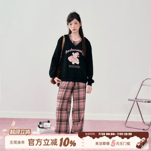 上衣 织物猪 紫芋恋人 甜酷风黑色连帽卫衣女秋季 小熊印花宽松长袖