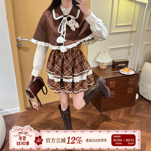 织物猪 糖巧甜心 学院风复古假两件长袖连衣裙女秋冬掐腰蓬蓬裙子