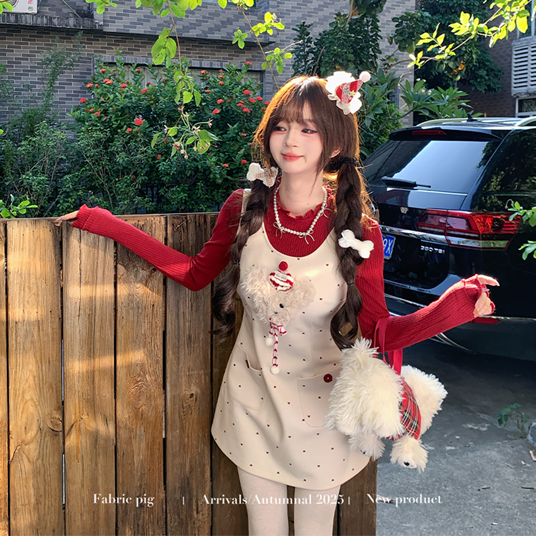 甜美风白色波点背心裙女秋冬