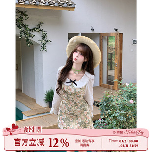 绿色长袖 法式 连衣裙女早春肌理感提花娃娃领短裙 油画花园 织物猪