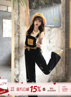织物猪 黄油拿铁 甜酷风黑色刺绣牛仔背带裤女原创直筒减龄长裤子