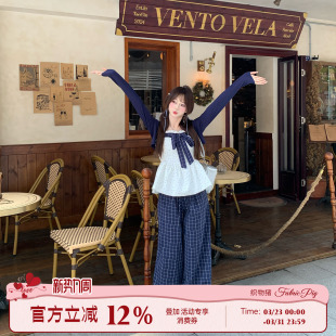 女肌理感百搭直筒长裤 休闲慵懒风深蓝色格子裤 子 秋日来信 织物猪