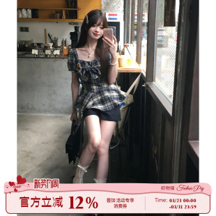 纹烫钻方领上衣女夏季 学院风格 蓝色短袖 衬衫 织物猪 套装 夏末回忆