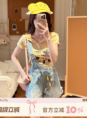 织物猪 奶油小狗 甜美风蓝色牛仔背带裤女小个子俏皮减龄可爱短裤