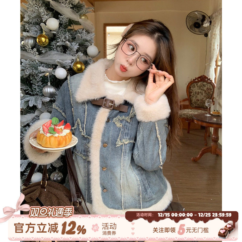 织物猪 摩登少女 复古毛毛拼接牛仔外套女秋冬加绒保暖冬装上衣