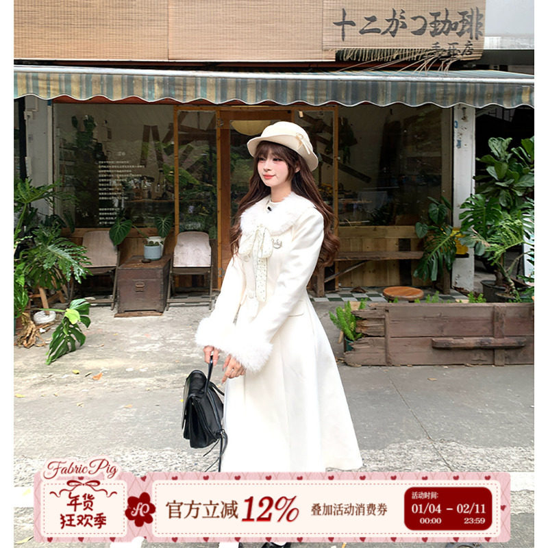 织物猪 雪域千金 留洋大小姐白色大衣女冬收腰夹棉中长款毛呢外套