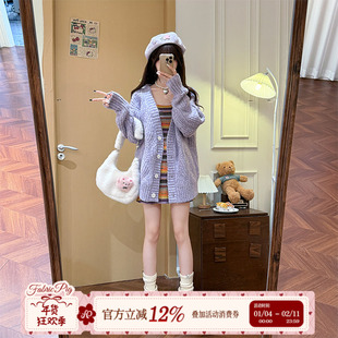 织物猪 海芋信筏 毛毛领长袖露肩卫衣女秋冬紫色爱心T恤上衣套装