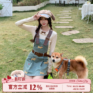 织物猪 少女减龄牛仔背带连衣裙女早秋小个子蓝色短裙 布丁小狗
