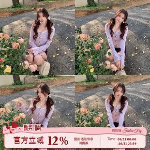 针织打底衫 织物猪 紫色长袖 蕾丝花边假两件上衣女春季 紫藤之恋