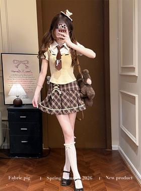 学院风撞色针织短袖衬衫女夏