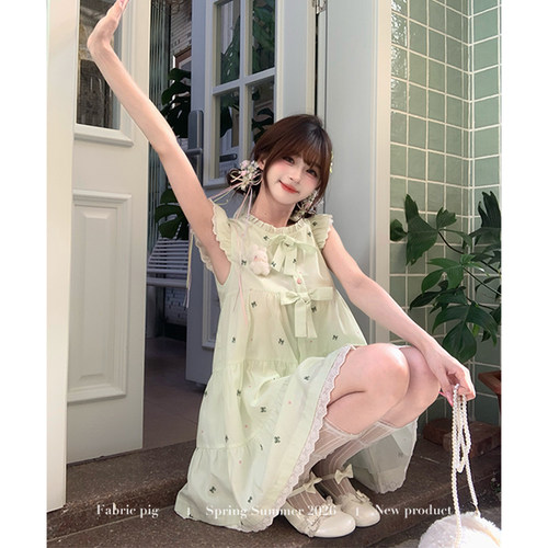 甜美风绿色小飞袖连衣裙女夏
