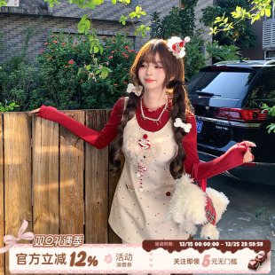 织物猪 甜美风白色波点背心裙女秋冬可爱圣诞穿搭连衣裙 波点小狗