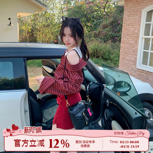 韩系甜辣风露肩上衣女早春格纹假两件设计感衬衫 织物猪 春日辣妹