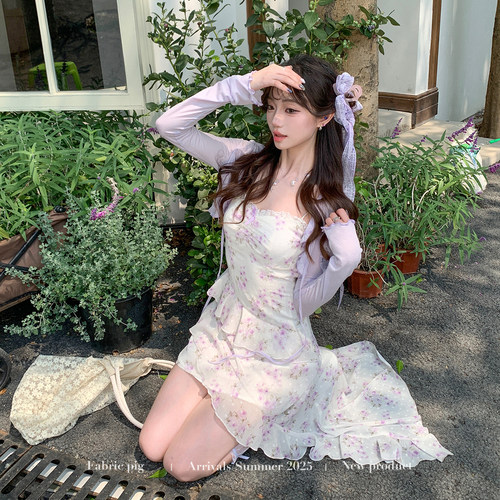 夏季不规则中长裙碎花吊带连衣裙