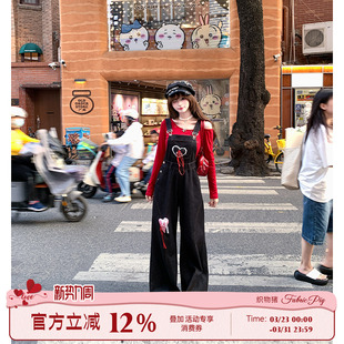 出逃辣妹 裤 甜辣街头风牛仔背带长裤 女春夏阔腿工装 子 套装 织物猪