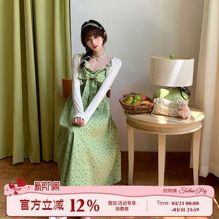 织物猪 森林系绿色碎花吊带连衣裙女夏日度假蝴蝶结长裙 莫奈花园