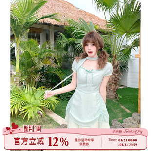 织物猪 甜美风方领提花连衣裙女收腰拼接绿色花苞短裙子 香草布丁