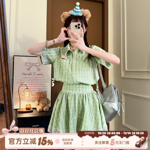 连衣裙女夏花边收腰短裙子 学院风绿色格子衬衫 织物猪 青苹果乐园