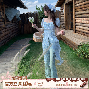 织物猪 蓝色开叉格纹连衣裙女夏日绝美度假不规则拖尾裙 蝴蝶絮语