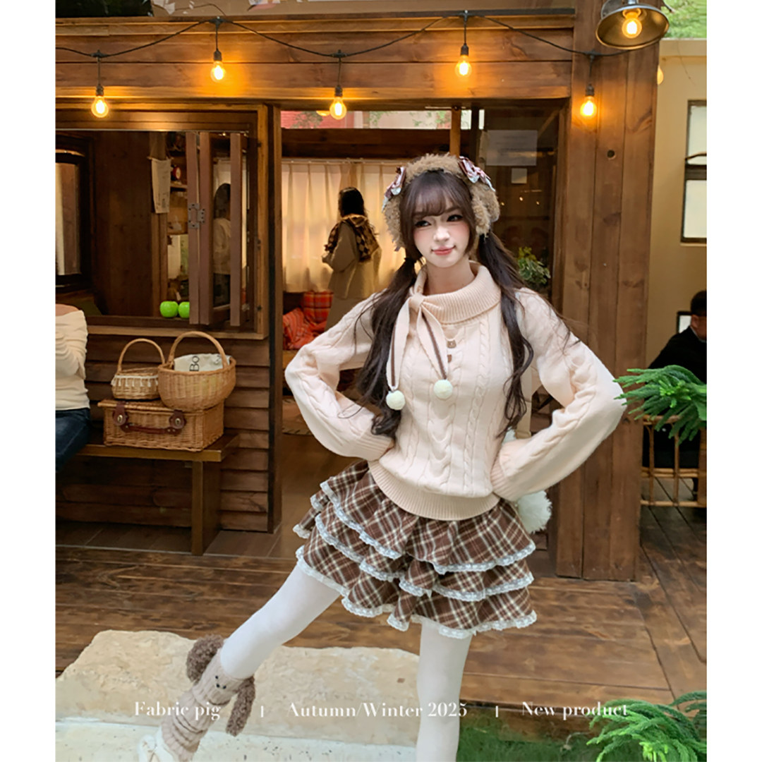 织物猪 奶油绵绵 甜美风浅粉色麻花毛衣女冬季宽松慵懒感针织衫